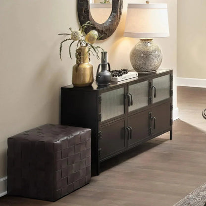 Woven Leather Ottoman Dark Grey - LOOMLAN - Jamie Young - Ottomans