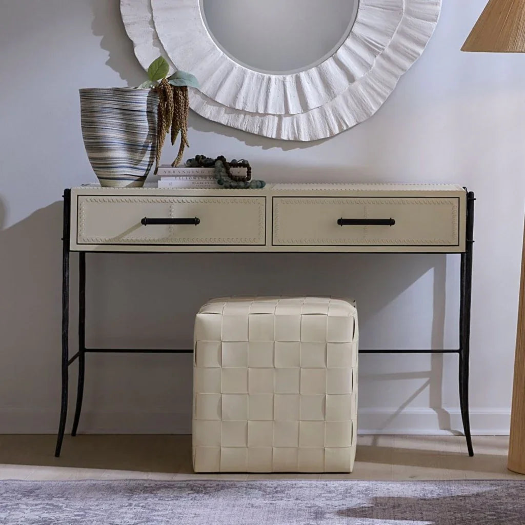 Woven Leather Ottoman White - LOOMLAN - Jamie Young - Ottomans