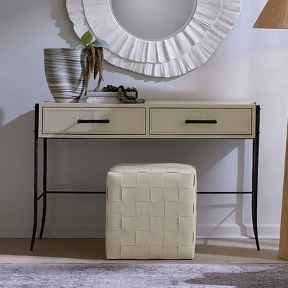 Woven Leather Ottoman White - LOOMLAN - Jamie Young - Ottomans