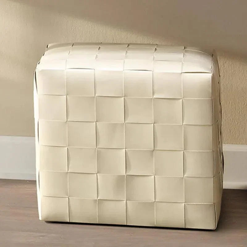 Woven Leather Ottoman White - LOOMLAN - Jamie Young - Ottomans