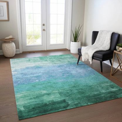 Wyrnleaf Teal Washable Indoor - Outdoor Rug - LOOMLAN - LOOMLAN Rugs - Outdoor Rugs