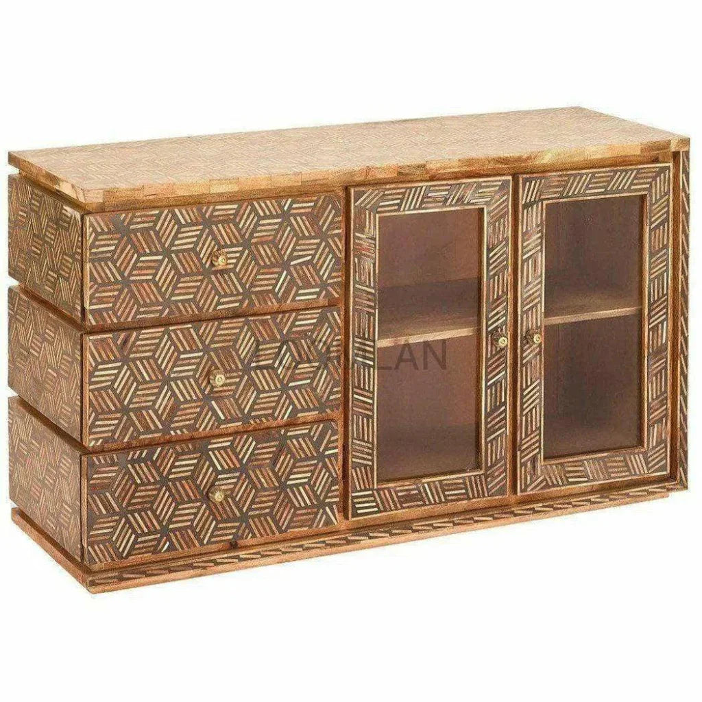 Bone Inlay 3 Drawer 2 d Glass Doors Display Sideboard - LOOMLAN - LOOMLAN - Sideboards