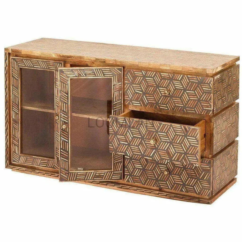 Bone Inlay 3 Drawer 2 d Glass Doors Display Sideboard - LOOMLAN - LOOMLAN - Sideboards