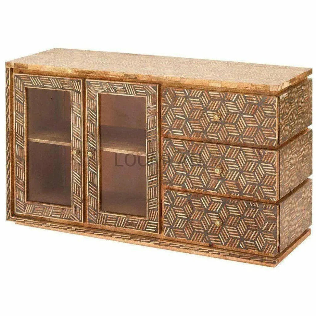 Bone Inlay 3 Drawer 2 d Glass Doors Display Sideboard - LOOMLAN - LOOMLAN - Sideboards