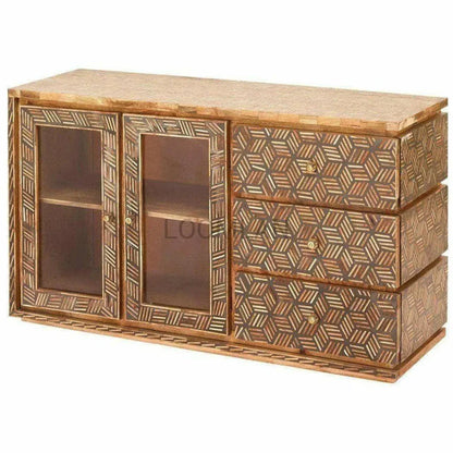 Bone Inlay 3 Drawer 2 d Glass Doors Display Sideboard - LOOMLAN - LOOMLAN - Sideboards