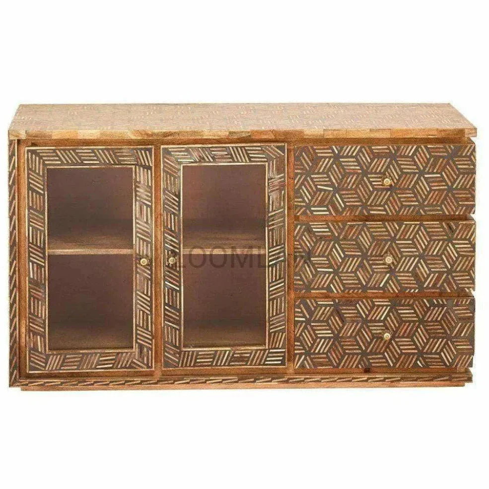 Bone Inlay 3 Drawer 2 d Glass Doors Display Sideboard - LOOMLAN - LOOMLAN - Sideboards